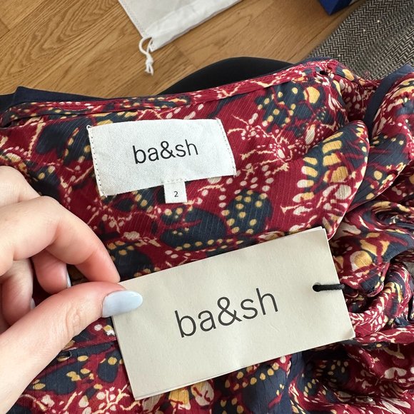 BA&SH Gigi Midi Dress Tiered All-over Floral Print Burgundy V-neck Long Sleeve - Picture 4 of 11